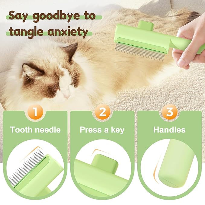 Pet Hair Removal Comb Flea Comb, 2025 Upgrade Cat Grooming Brush, Cat Brush with Release Button, De-Shedding Hair, Dog Grooming Supplies, Fine-Tooth Massage (Green)