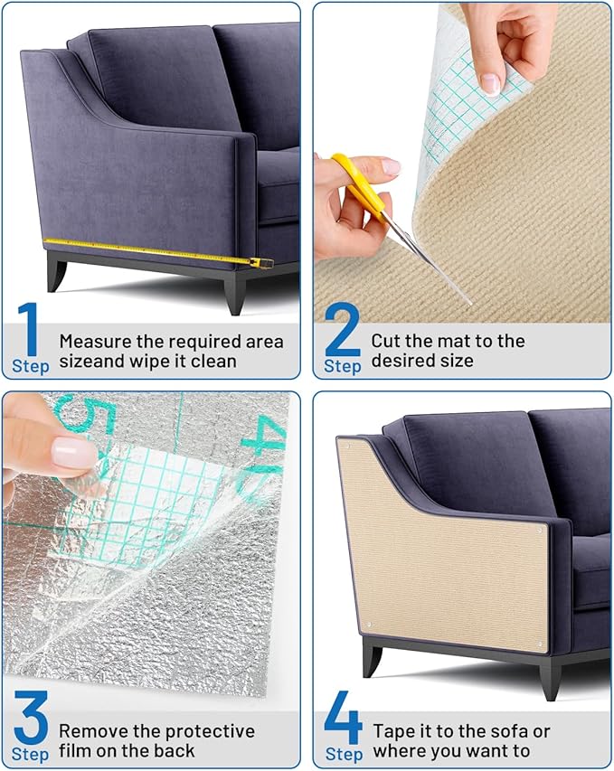 Cat Scratch Couch Furniture Protector, 78.7in x 15.8in Self-Adhesive Cat Scratch Mats, Trimmable DIY Cat Scratcher Pads for Wall, Couch Corner, Cat Tower and Replacement Pads (Khaki)