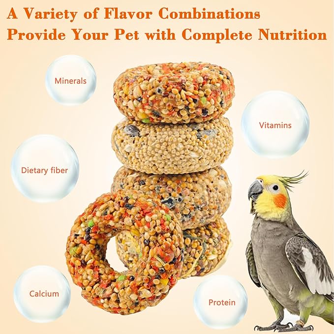 Fhiny 4 PCS Parakeet Treats, Donut Shaped Natural Grain Cockatiel Food with Fruits Vegetables Flowers and Herbs Bird Chew Toys for Parrot Conure Lovebird Training Rewards and Beak Grinding