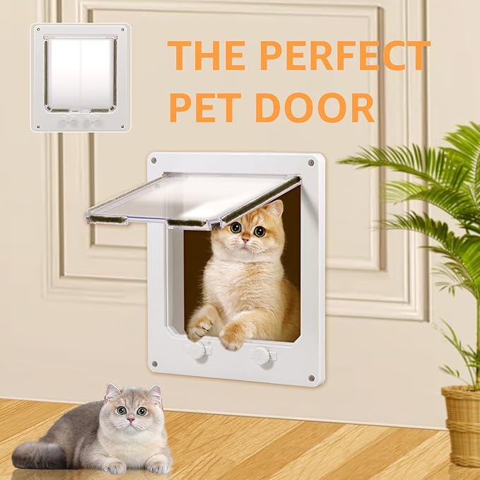 Cat Door Interior Door White Plastic Interior Cat Door Easy to Install Indoor Cat Door Upgraded Pet Door with Flap and 4 Way Locking for Interior Doors Medium Cats Kitties ZHAZHAMO