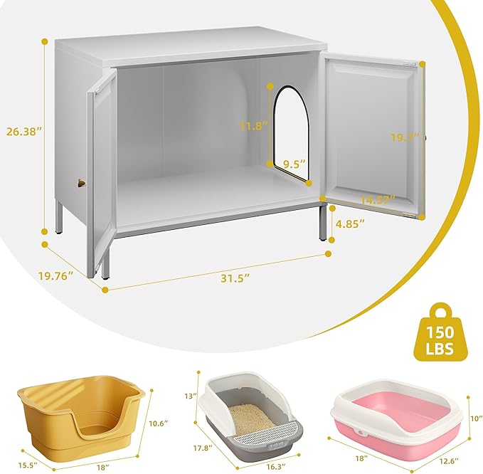 METAN Metal Cat Litter Box Enclosure,Steel Cat Washroom Furniture with Barn Door, Pet House, Fit Most of Litter Box,Assembly Required,White