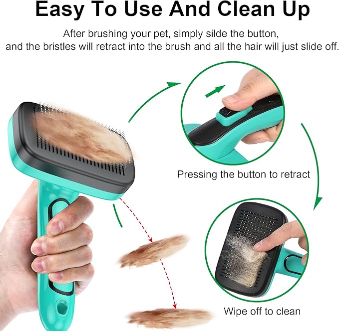 Self Cleaning Slicker Brush for Dog, Cat, Skin Friendly Shedding & Grooming Tool for Long and Short Haired Pets, Easy Clean Retractable Bristles, Green