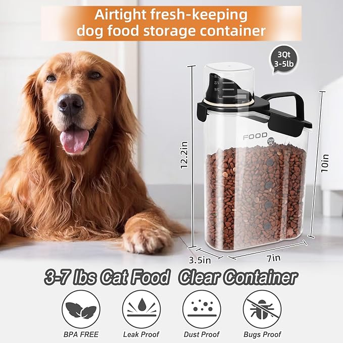 3-5LBS Airtight Pet Food Storage Container PBA-free,With Large Nozzle/Measuring Cup/ 4 Press Buckle for Dogs, Cats, Birds, Chicken Lndoor and Outdoor Use (Black + Beige) 2 Pack