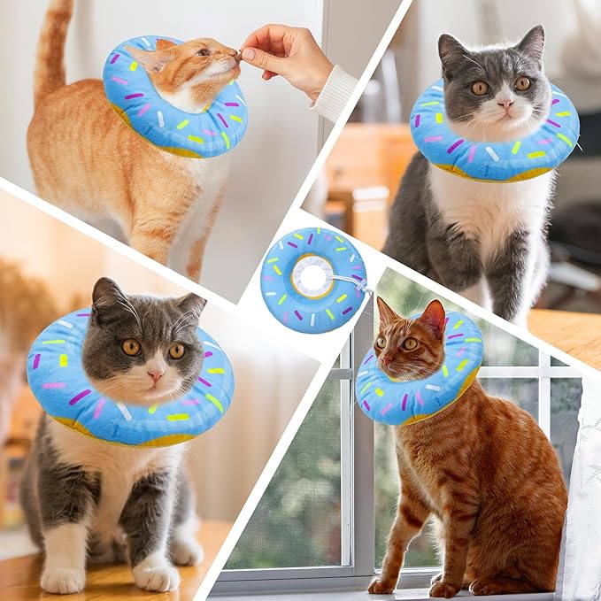 Seyezo Cat Cone Collar Soft, Adjustable Cat Recovery Collar Spay Cones to Stop Licking, Cute Donut E Collar After Surgery, Anti-Lick Wound Healing Elizabethan Collars for Kittens(Donut Blue, Small)