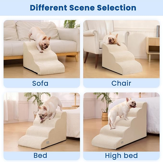 Dog Steps for Bed, 4 Step Pet Stairs for Small and Medium Dogs, Non-Slip Dog Ramp with Washable Cover, High-Density Support Foam for Easy Climbing,Beige
