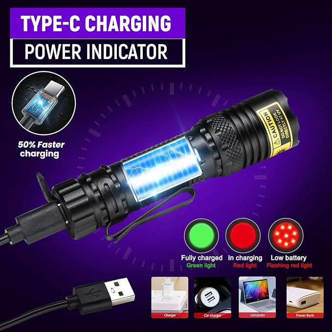 DARKDAWN UV Flashlight 395nm Black Light Mini USB Rechargeable Ultraviolet LED Blacklight Woods Lamp Powerful Portable Detector for Pet Urine Stains, Blood Tracking Flashlight, Resin Curing
