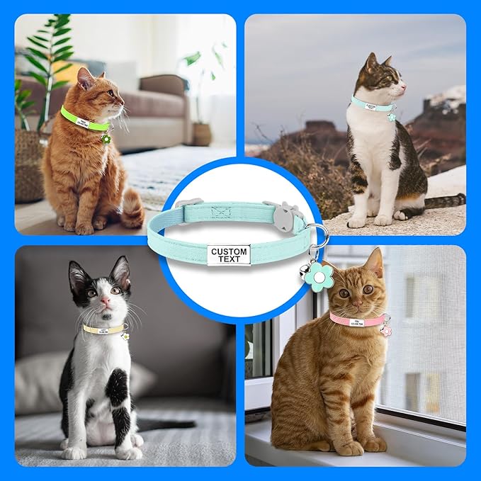 Custom Glow in the Dark Cat Collar with Breakaway Buckle Anti-Lost Nameplate Luminous Cat Collar - Adjustable Size (8-11 Inch) for Kittens Cats, Personalized Laser Engraving ID Tag & Removable Bell