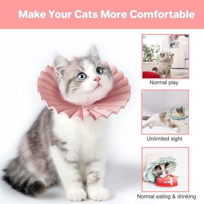 2 Pieces Soft Cat Cone Collar– Adjustable Lightweight Recovery E-Collar to Stop Licking, Scratching & Biting After Surgery, Comfortable Wound Healing Cone Alternative (Pink, S)