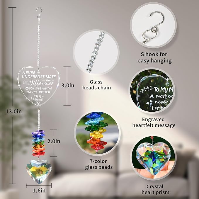 Retirement Suncatcher Gifts for Women, Men - Window Hanging Crystal Heart Prism Sun Catcher Rainbow Maker