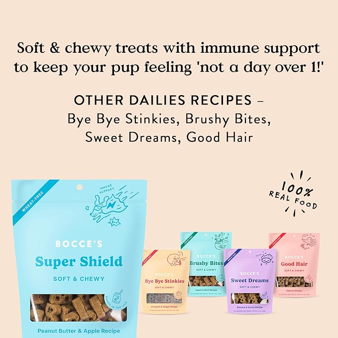 Bocce's Bakery Dailies Super Shield Dog Treats for Immune Support, Wheat-Free Dog Treats, Made with Real Ingredients, Baked in The USA, Natural Soft & Chewy, Peanut Butter & Apple, 6 oz