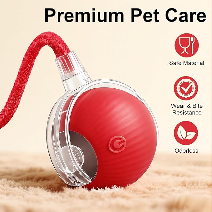 Interactive Electric Automatic Rolling Moving USB Rechargeable Self Activated Play Stimulation Toy Smart Chase Teaser Ball with Speedy Tail Rope for Bored Adult Indoor Cats Puppy Dogs, Blue