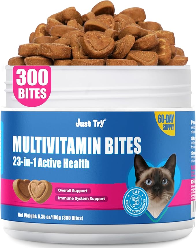 Just Try 23 in 1 Taurine for Cats Vitamins Treats with L-Lysine for Immune, Joint Support Skin & Coat & Heart Health - Multivitamin, Omega 3, Biotin Supplements for Indoor & Senior Cats - 300 Bites