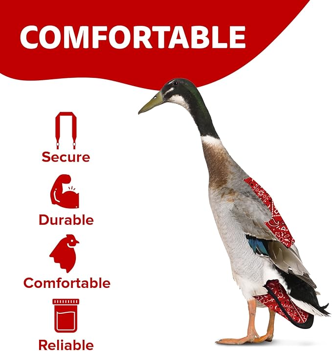 Hen Holster Wrap-Around Duck Diaper with Removable Liner and Fixed Tab - Durable, Secure Fit, Easy-to-Wear - US-Made Runner Duck Diapers - Essential Duck Supplies for Real Ducks - Red Bandana