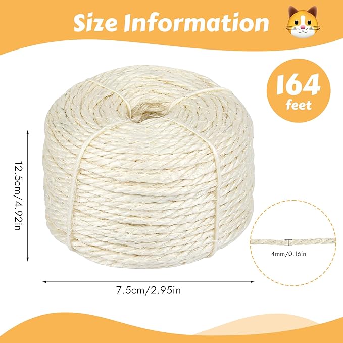 164 Feet Sisal Rope for Cat Scratching Post, 4 mm Natural Cat Tree Rope, DIY Hemp Twine Rope for Repairing, Recovering Scratch Post Cats Tree Tower Replacement (White)