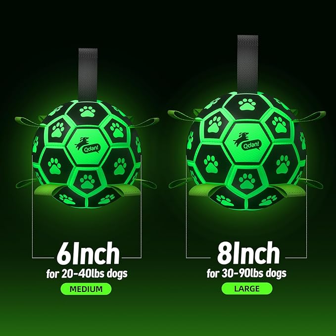 QDAN Glow in The Dark Dog Toys Soccer Ball with Straps, Outdoor Interactive Dog Toys Puppy Birthday Gifts, Dog Tug Water Toy, Light Up Dog Balls for Small & Medium Dogs（6 Inch Size 2）