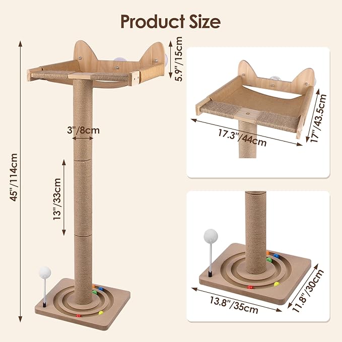 Cat Window Perch with Tall Sisal Scratching Posts, 45" Adjustable Cat Tree Hammock with 3 Strong Suction Cups, Cat Window Bed for Inside Sleeping, Playing and Birds Watching (Drilling-Free)