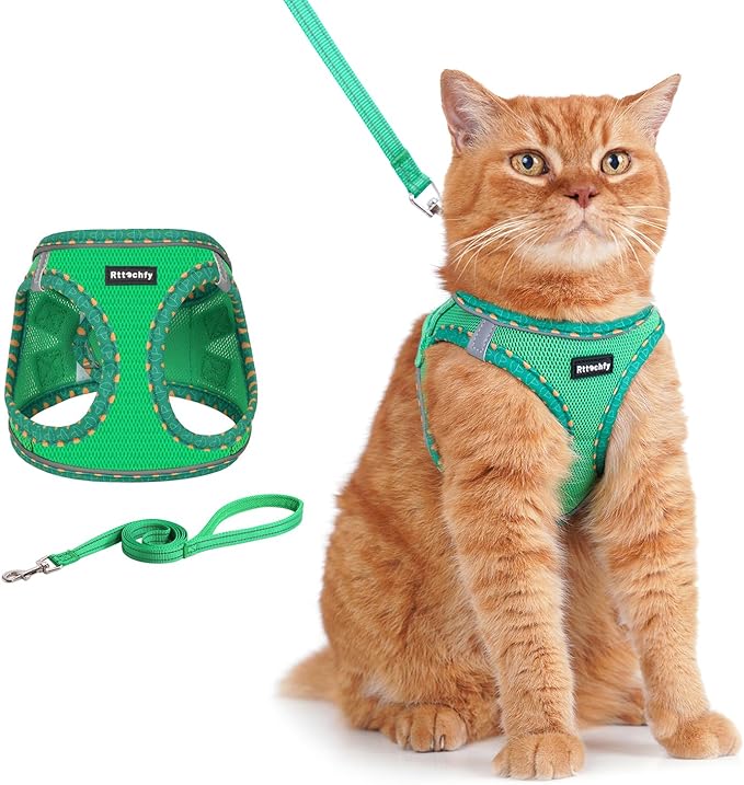 Rttochfy Cat Harness and Leash Set, Escape Proof Kitten Harness, Soft and Breathable Vest with Reflective Strip, Easy to Wear for Cats Walking and Traveling (Green, S)