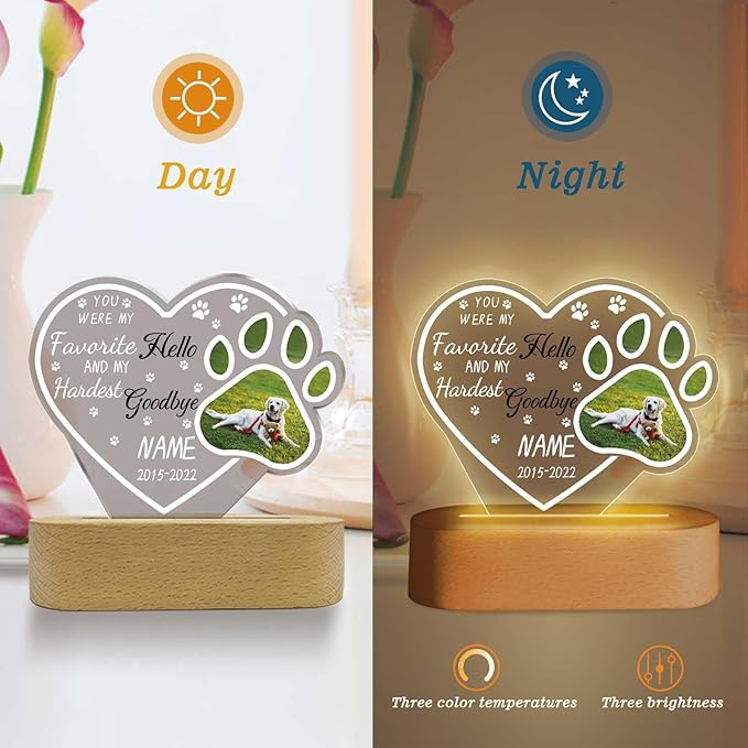 Custom Pet Memorial Night Light Gift Personalized Dog Cat Acrylic Plaque Photo Frame Sympathy Gift Condolence Gifts with Picture Name Date(Dog Paw Heart)