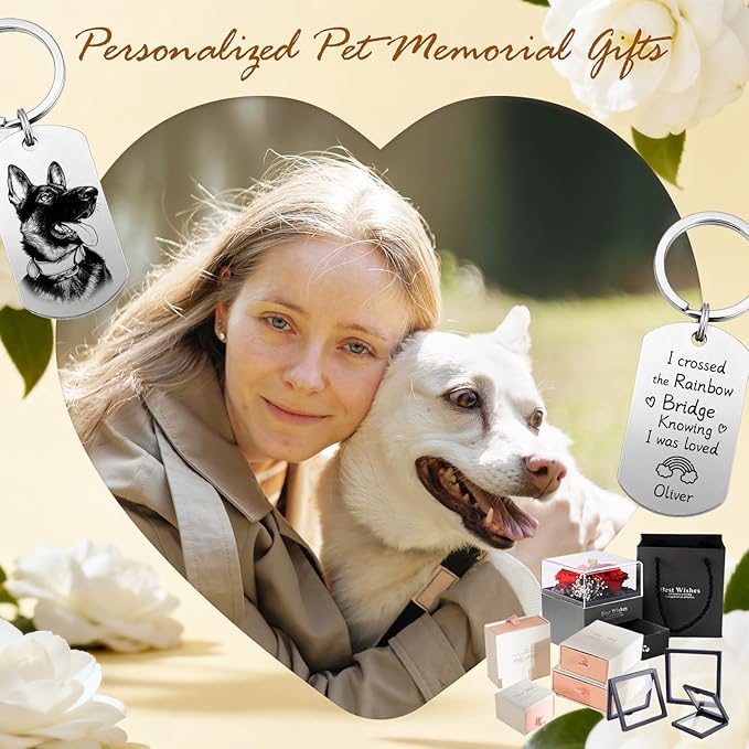 Custom Dog or Cat Portrait Keychain, Personalized Photo Engraved Keychains with Name, Customized Pet Memorial Gifts for Loss of Pets (Dog Tag – Memorial Style)