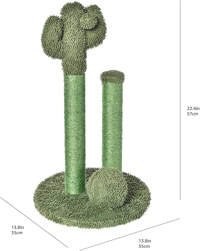 Amazon Basics Cat Scratcher - Indoor Cactus Triple Posts Cat & Kittens Scratching Post with Dangling Ball, Small (22.4" H) - Green