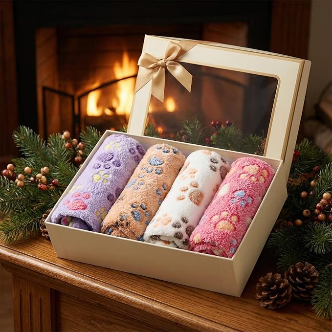 Tatuo 4 Pcs Dog Blanket for Pet Puppy Teething Toys Paw Print Fleece Blanket for Pet Cat Soft Warm Sleep Mat Guinea Pig Cage Mat (White, Coffee, Pink, Purple,29 x 29 Inches,Round)