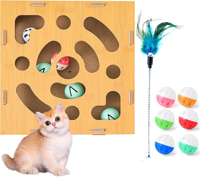 Cat Scratch Puzzle Enrichment Box,Cat Toy Box for Indoor,Cat Toy Box with 2 Balls & 1 Cats Teasers
