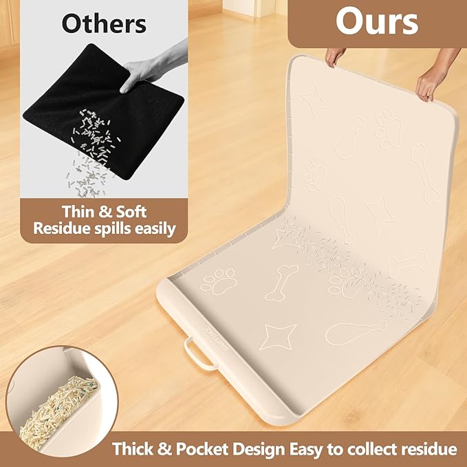 Silicone Cat Litter Mat with Collection Pocket, 42" x 28" Large Cat Litter Box Mat Waterproof Anti-Slip Litter Trapping Mat with Edge and Handle Pet Placemat for Floors (Beige)