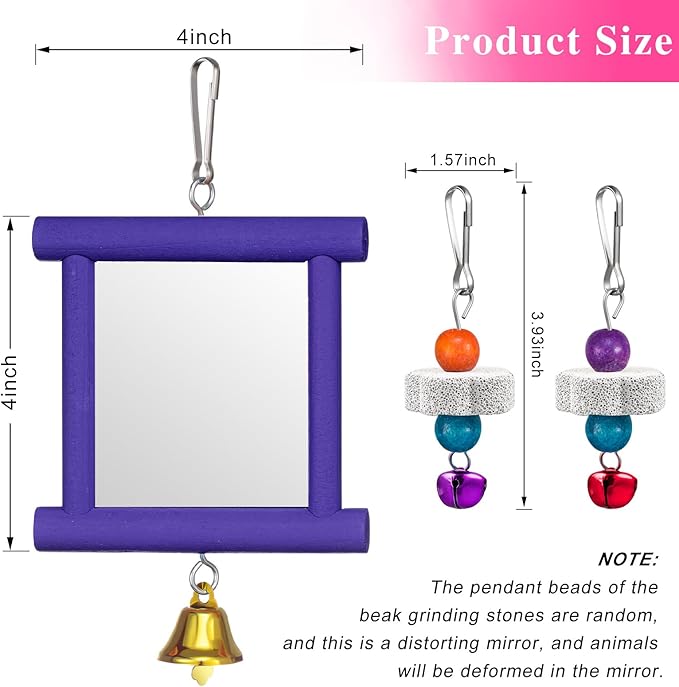 Sumind 2 Pieces Chicken Mirror Toys Hanging Swing Mirror with Bell Wooden Pecking Toy and 4 Pieces Beak Grinding Molar Stones for Hens Birds Parrots(Green,Purple)