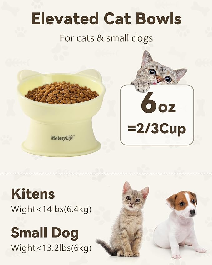 MateeyLife Raised Cat Bowls, Cat Food Bowl Elevated for Kittens & Small Dogs, 15°Tilted Protect Pets' Neck and Anti Vomiting, Whisker Friendly Food & Water Feeding Bowl, 6 oz Each - Yellow