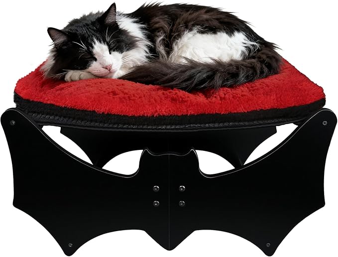 Gothic Cat Bed with Bat Design, Wooden Elevated Cat Beds with Sisal Scratching Mat, Cats Scratcher Bed with Removable Fluffy Cushion, Raised Pet Bed for Large Cats, 22" L x 17.7" W, Black