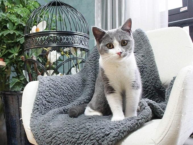 Furrybaby 2-in-1 Premium Sherpa Pet Blankets for Medium Dogs & Cats, Super Soft Washable Fleece, Calming Couch, Car & Indoor Use (32"x40", Grey & Beige)
