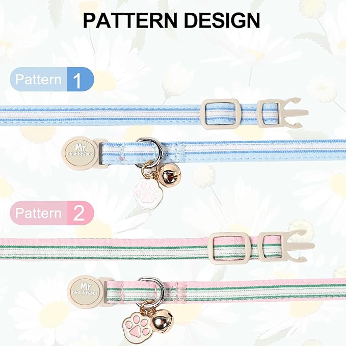 Cat Collar, 2 Pack Pink&Blue Stripe Kitty Collar, Cute Breakaway Kitten Collar with Bell&Pendent, Soft Cotton Collar with Safety Buckle for Female Male Cats