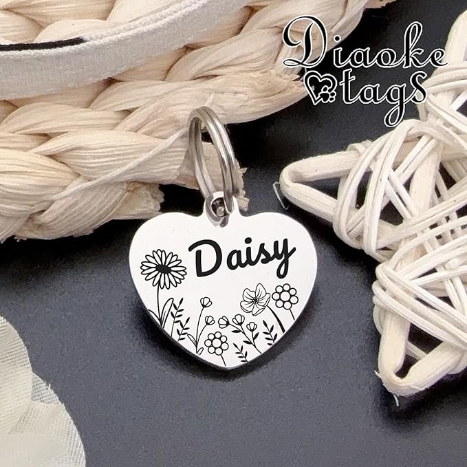Personalized Dog Tags, Stainless Steel Pet Tags Personalized Cat, Collar Charm Engraved on Both Sides, up to 4 Lines of Custom Text, Multiple Patterns Colors Size Options (Daisy, Large)