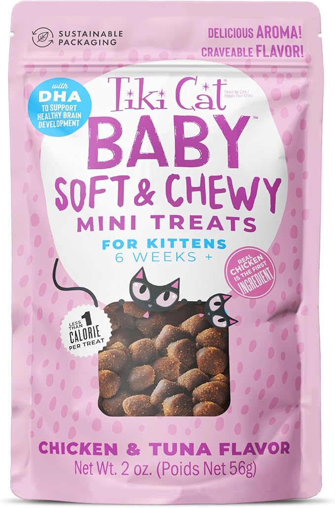 Tiki Cat Baby Soft & Chewy, Chicken Flavored, Low-Calorie, Mini Treats for Kittens 6 Weeks+, 2 oz. Pouch, Pack of 1