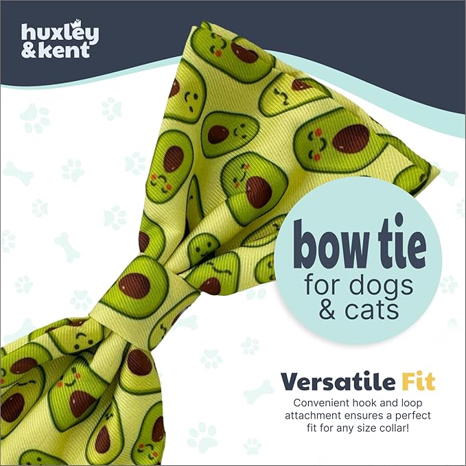 Huxley & Kent Pet Bow Tie for Dogs & Cats - Adjustable Hook & Loop Collar Accessory - Cute & Comfortable for Holidays & Celebrations - Happy Avocados, Small