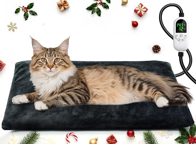 Pet Heating Pad for Cats & Dogs, Electric Heated Cat Bed with Adjustable Temperature (12 Levels) & Timer (12 Options), Chew-Resistant Cord, Indoor & Outdoor Use 18“x18”-25W