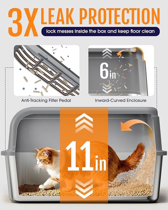 Stainless Steel Cat Litter Box, Metal Litter Box with Scoop, High- Sided, Anti-Leakage Top Entry, Non-Sticky, Easy to Clean, Grey, XL (1 Pack)