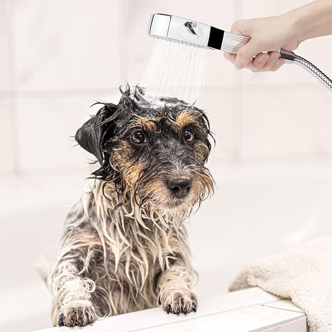 Dog Shower Attachment,Pet Washing Shower Sprayer with Stainless Steel Hose & Diverter Valve, 2 Mode Handheld Shower Head Brush, 3-in-1 Dog Shower Head for Bathing, Grooming, Massage - Indoor & Outdoor