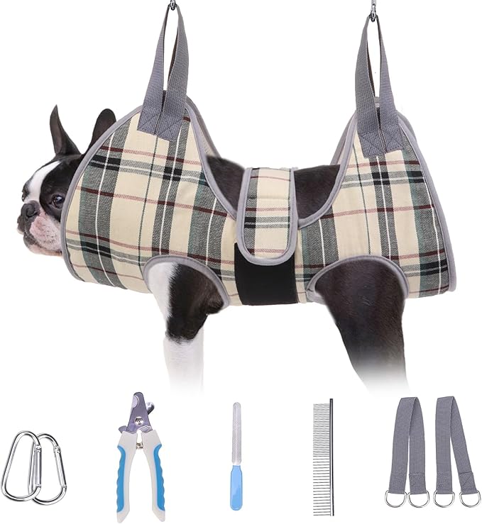 BEAUTYZOO Dog Grooming Hammock for Small Dogs Cat- Dog Sling for Nail Trimming/Clipping- Dog Hanging Harness Holder with Thick Fabric Neck Support & Strap Restraint Claw Care, Beige S