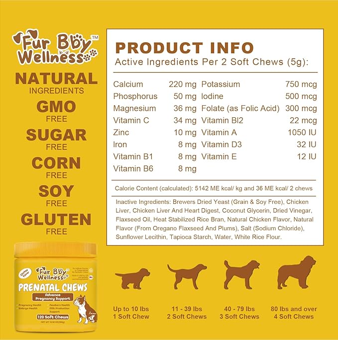 Dog Prenatal Vitamins - Supports Healthy Pregnancy, Puppy Growth & Lactation - with Folic Acid, Iron & Calcium - Advanced Supplement for Pregnant & Nursing Dogs - 120 Soft Chews