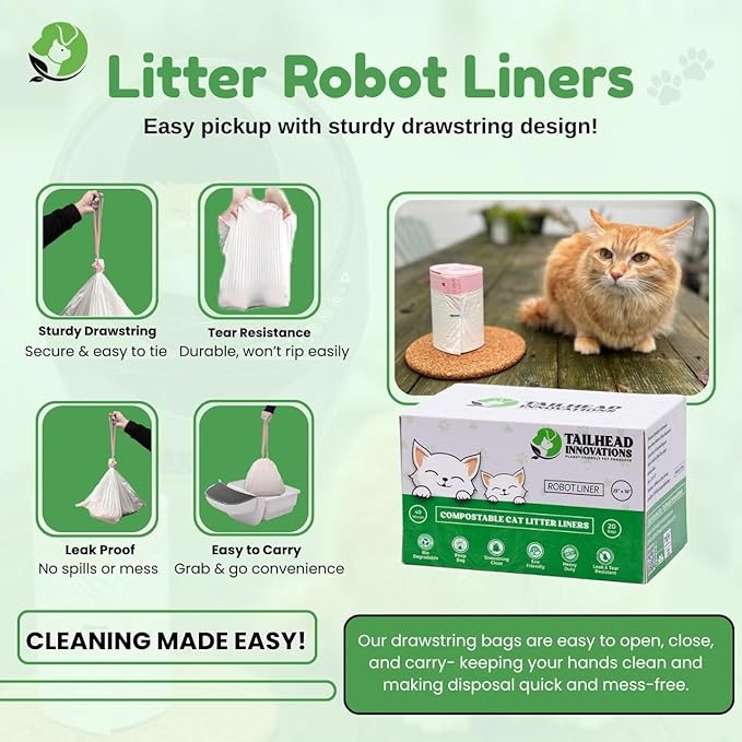 Tailhead Robot Liners – 100% Compostable - Compatible With Litter Robot 3/4 – 25" x 16" – Drawstring Close – Scent & Toxins Free – 40 Micron - Rip & Tear Resistant – 20 Count