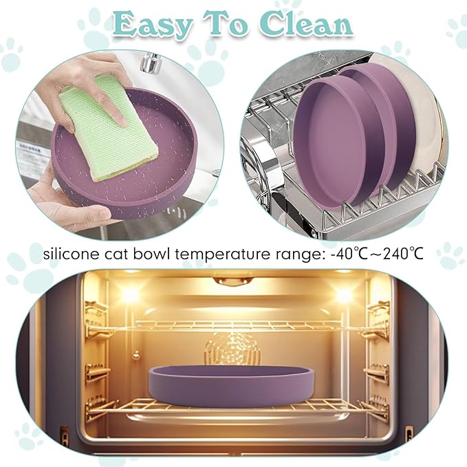 Silicone Dog Bowl Shallow Cat Food Bowls 7in Flat Puppy Plates Cute Whisker Fatigue Pet Feeding Dishes Set of 2 for Dry and Wet Food Indoor (Round Purple)
