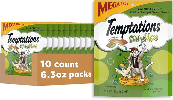Temptations Cat Treats, Classic Crunchy and Soft Cat Treats, Catnip Fever Flavor, Catnip Treats, 6.3 oz. Pouch (Pack of 10)