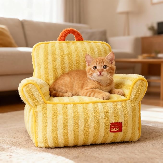 ZEZE Furniture-Style Sofa Pet Bed, Washable Plush Couch Bed with Bolstered Sides & Non-Slip Bottom for Dogs & Cats, Cozy Indoor Bed (Yellow, Small)