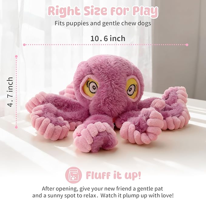 Squeaky Dog Toy for Puppy Teething, Plush Octopus Dog Toy, Puppy Chewing Toy, Soft Stuffed Chew Toys for Small Dogs Training and Keep Them Busy, Pink