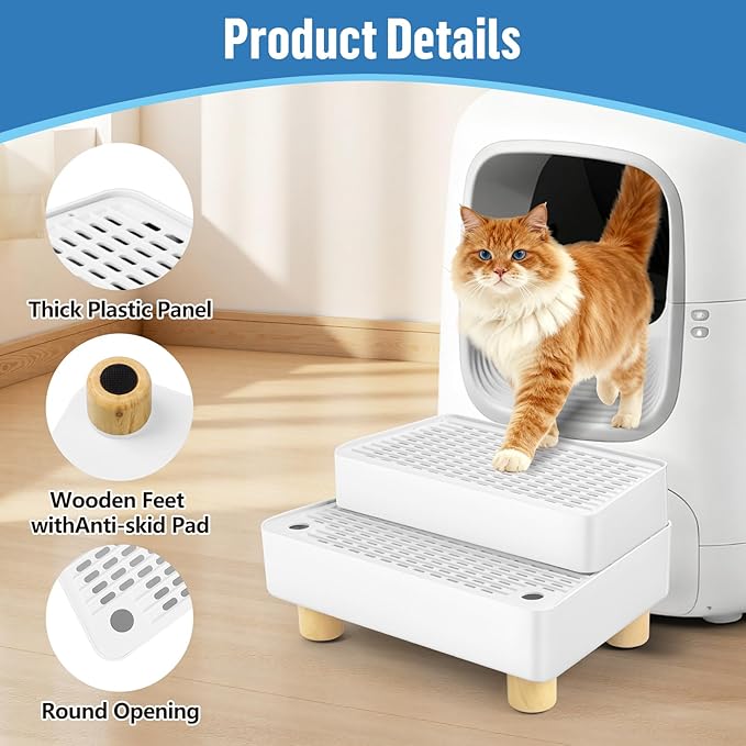 Extra Large 2 Steps Cat Litter Box Step Ramp, Cat Litter Catcher Mat with Wooden Feet, Filter Function, Cat's Pedal Stool for Self-Cleaning Litter, Suitable Kitten & Elderly Cats (White)