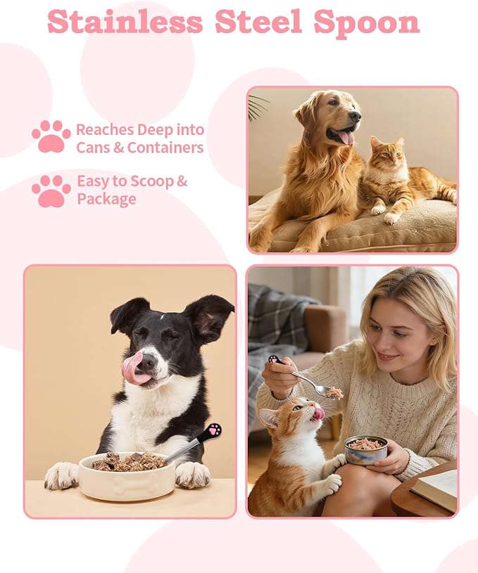 6 PCS Cat Food Can Covers Set, Reusable Silicone Can Lids with Opener, Stainless Steel Wet Food Spoon & Cat Treat Squeezer for Pet Feeding and Storage, Fits Cats & Dogs (Black Pink)