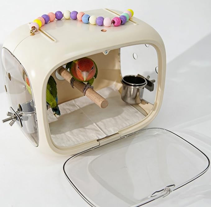 Small Bird Travel Cage Carrier, Portable Parrot Parakeet Cockatiels Carrier with Standing Perch and Easy Clean Tray, Budgies Transparent Breathable Cage with Accessories (Beige)