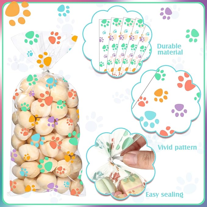 Blulu 100 Pieces Dog Treat Bags Puppy Party Favor Pet Paw Cone Cellophane Bags Candy Heat SealableDog Paw Gift with 100 Pieces Silver Twist Ties for Pet Cat Treat Party Favor (Spring Colors)