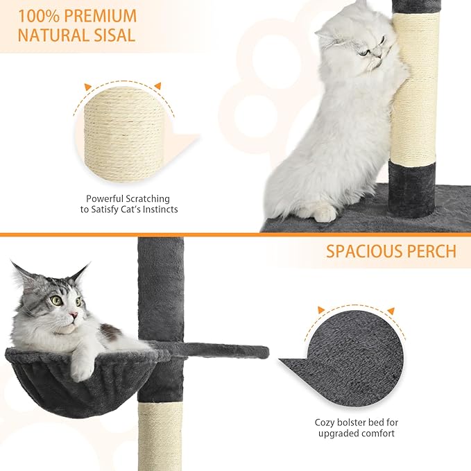 Floor to Ceiling Cat Tree,5 Tiers Tall Cat Tower with Adjustable Height(98-110),Cat Tree Floor to Ceiling with Cozy Hammock,Sisal Scratching Posts,Platforms,and Hanging Balls for Large Cats